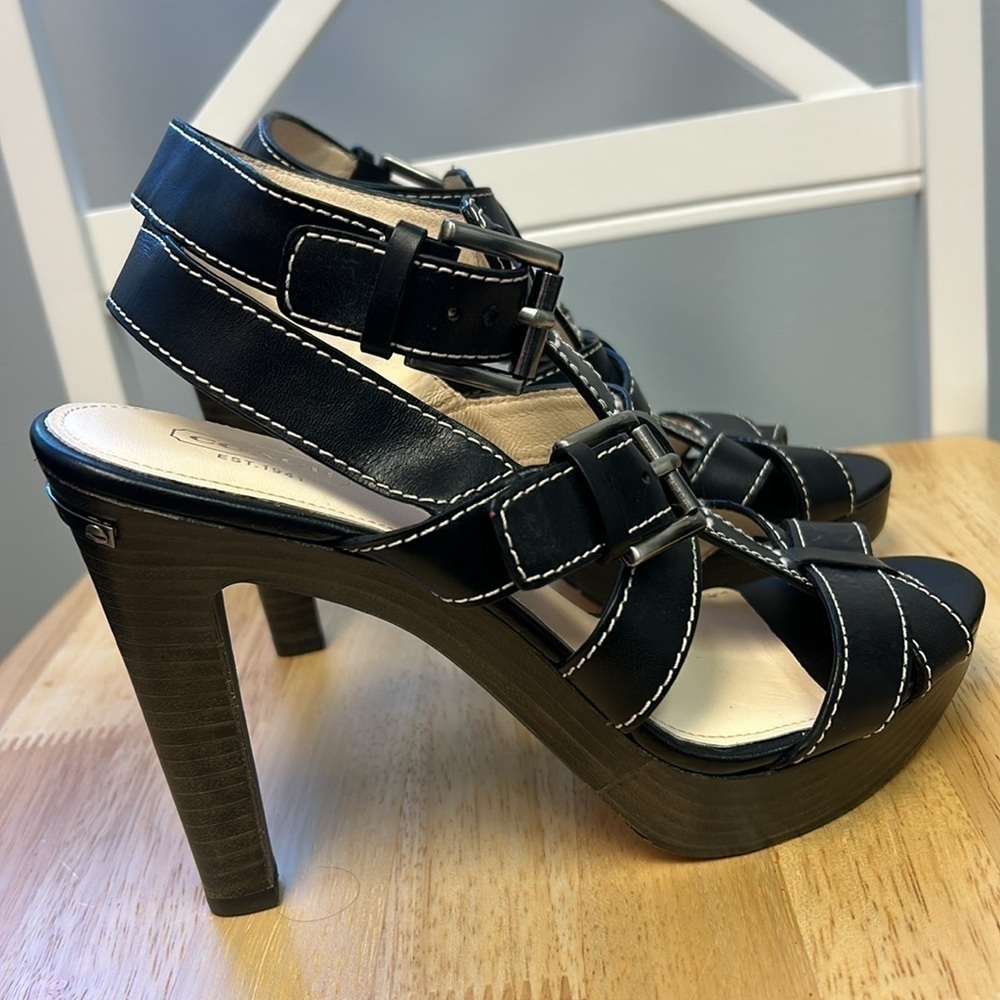Coach Stefanie Vachetta T-Strap Ankle Leather Sandals Wooden Platform He… - Picture 6 of 8